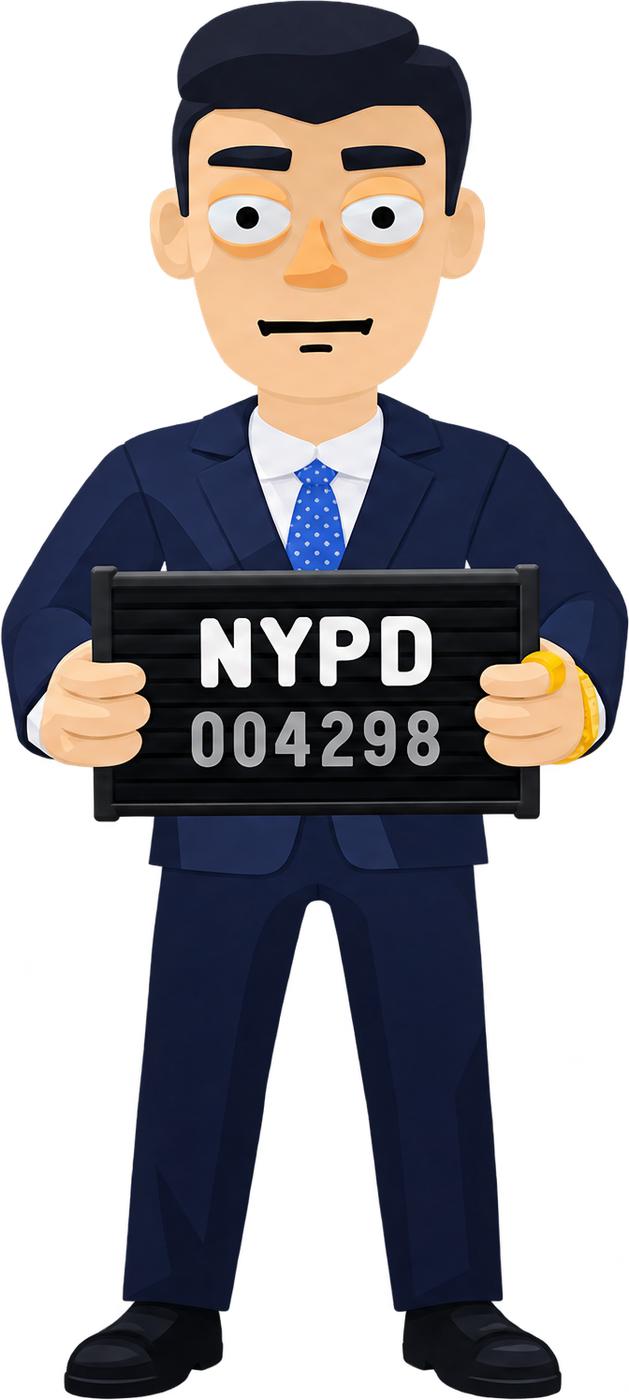 The New Hire holding a mugshot placard